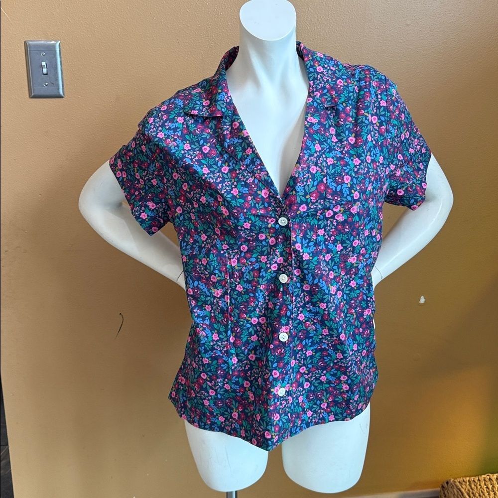 New women's J. Crew cotton pajama button down top in navy/pink floral Size L